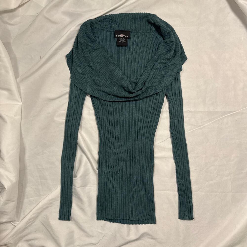 Teal ribbed cowl neck sweater